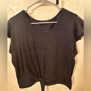 Gently Used Black with White Stripes Tie Front Top